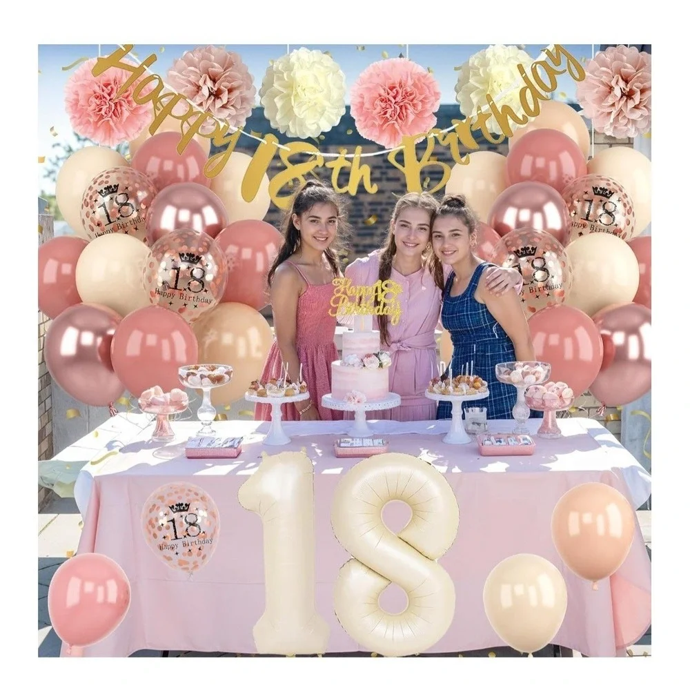 18th Birthday Decorations for Girl Retro Blush Pink Birthday Balloons Happy 1...